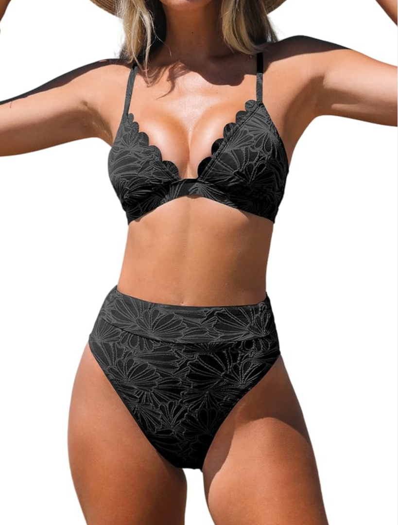 CUPSHE Bikini Set for Women Bathing Suit High Waisted Scalloped V Neck Two Pieces Swimsuit S