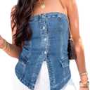 Cicy Bell Womens Strapless Vest Summer Button Down Jean Tube Tops Y2k Going Out Fitted Bandeau Shirts Waistcoat (US, Alpha, X-Large, Regular, Regular, Light Blue)
