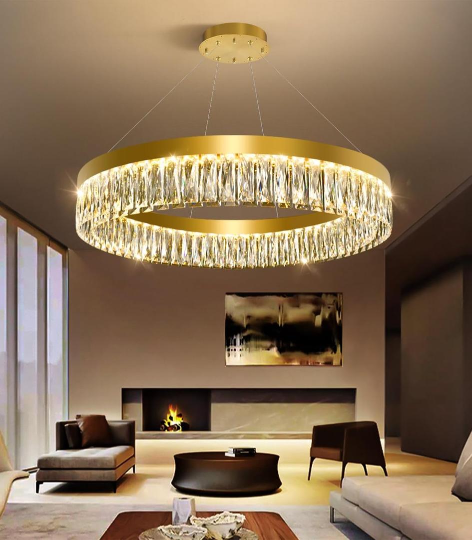 31.5" 1 Ring Modern LED Dimmable Ring Chandelier Adjustable Round Crystal Chandelier for Dining Room Living Room Gold