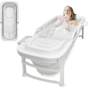 SereneLife Freestanding Portable Bathtub Spa Set  Large 59" Foldable Bath, Cushion, Stretchable Drain Pipe, Massager Rollers, Cleaning Spray & Storage Bag
