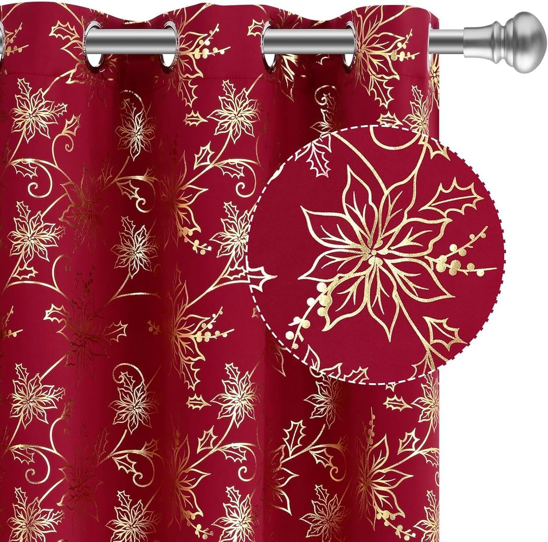 BLEUM CADE Christmas Curtains for Living Room - Gold Floral Foil Print, Poinsettia Blackout, Thermal Insulated Grommet Drapes, 52" x 84", Red, 2 Panels