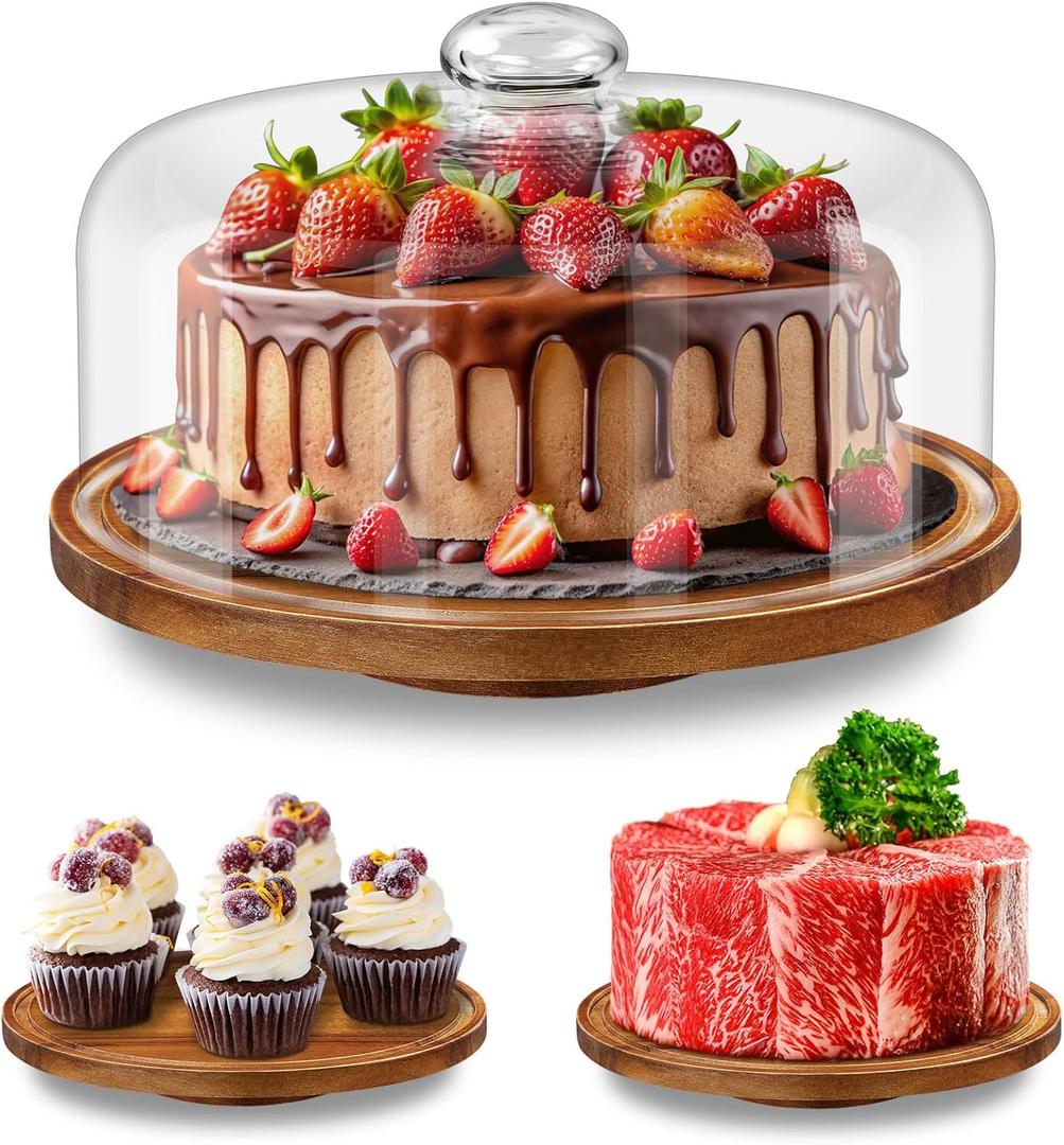 Yangbaga 11IN Wood Cake Stand with Dome Lid, Rotating Cake Stand with Glass Dome- Cake Plate with Cover for Baking Gifts/Birthday Kitchen/Party/Weddings