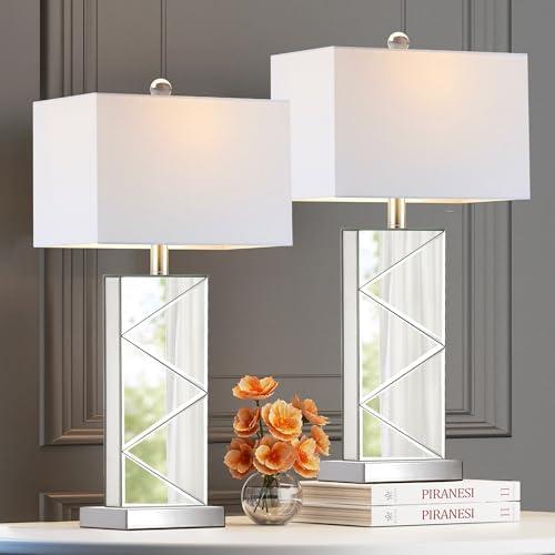 Hamucd 3-Color Temperature Mirrored Bedside Table Lamps Set of 2 for Living Room,Tall Silver Bling Modern Nightstands Lamps for Bedroom with 2 Bulbs,Full Mirror Cutting Design with White Fabric Shade