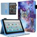 KEROM Case for Fire HD 10 Tablet (9th/7th/5th Generation, 2019/2017/2015 Release), PU Leather Folio Stand Protective Cover Case with Auto Wake/Sleep, Card Slot, Pen Holder - Space Cat