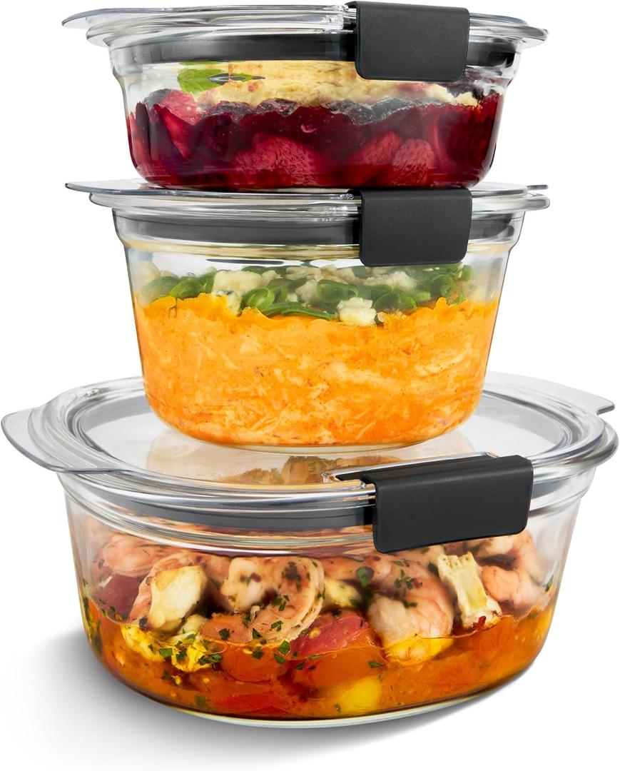 Rubbermaid Brilliance Glass Round Leak-Proof 6-Piece Set Food Storage Containers, Food Containers with Lids, Meal Prep Containers, Assorted Sizes