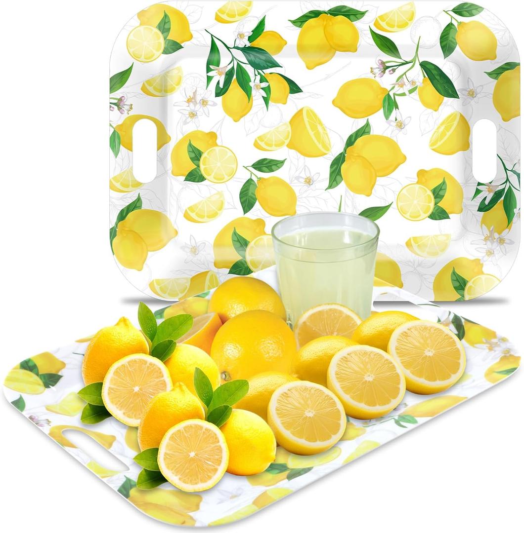 Gisgfim 2Pcs Lemon Serving Trays with Handles 16 x 11 Inch Large Melamine Tray Rectangular Yellow Lemon Serving Platter Spring Tray Melamine Dishes for Serving Food Outdoor Dinner Dessert Plates Party