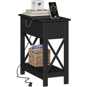 ChooChoo End Table with Charging Station, Narrow Flip Top Side Table with USB Ports & Power Outlets for Small Spaces, Bedside Table with Storage for Living Room, Bedroom, Black (1 Pack)