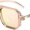 FEISEDY Vintage Square 70s Flat Aviator Sunglasses Women Men Classic Retro Stylish Frame UV400 Sunglasses B2622 (028 Champagne Frame & Pink Mirrored Lens)