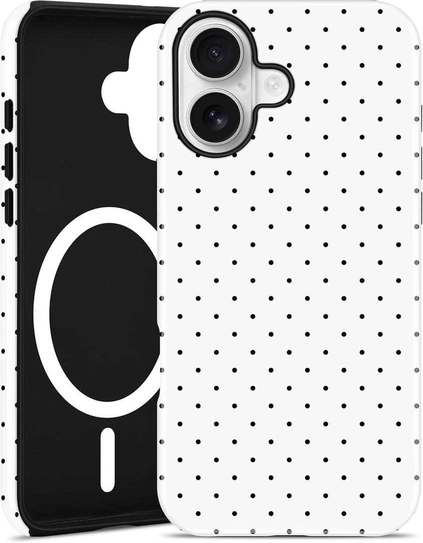 Jusy Compatible with MagSafe Polka Dot Case for iPhone 16, Cute Aesthetic Polka Dots Magnetic Phone Case, Soft TPU and Hard PC Protective Phone Cover for Women Girls (Matte) - White