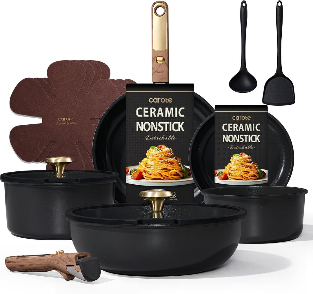 CAROTE 15Pcs Ceramic Cookware Set, Pots and Pans Set Non stick, Kitchen Cooking Set with Detachable Handle, Non Toxic Induction Cookware, Dishwasher/Oven Safe, PFAS Free, Black&Gold