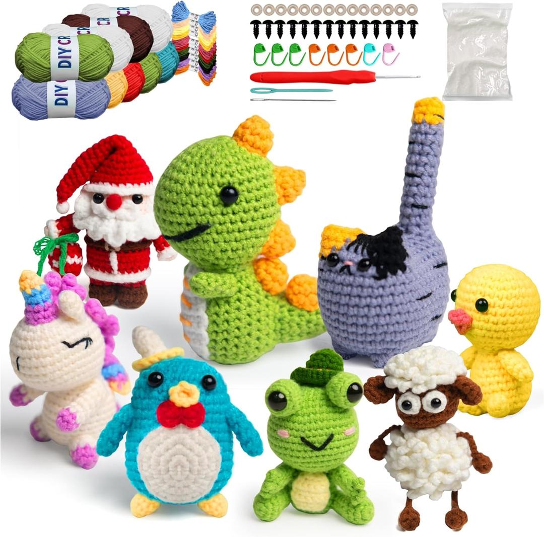 YOKISS 8Pcs Beginner Crochet Starter Kit, Creative Birthday Gifts for Adults & Kids, Popular DIY Patterns, 40% Extra Yarn Crochet Animals Kits with Step-by-Step Video Tutorials