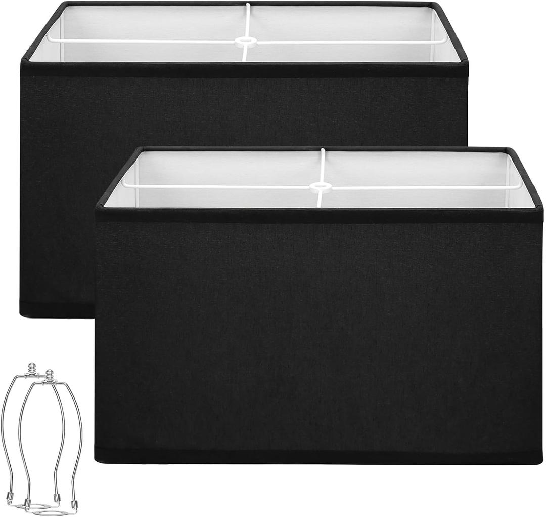 Black Lamp Shades Set of 2, Large Rectangle Lampshades Replacement, 16"L x 8"W x 10"H, Fabric Lamp Shade for Table Lamps Floor Lamps, Spider, Harp Holders Included, Easy Assembly Required