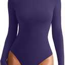REORIA Womens Long Sleeve Bodysuits Fall Basic Round Neck Lightweight Double Lined Layering Slim Body Suit Tops (Blue, L)