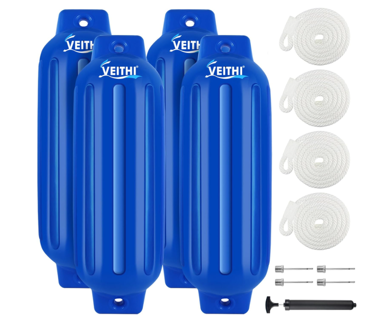 8.5 inch Boat Fenders 4 Pack,Ribbed Twin Eyes Vinyl Boat Bumpers Fenders,Boat Bumpers for Docking Come with Ropes Needles and Pump to Inflate, Size 8.5 x 27 Inch