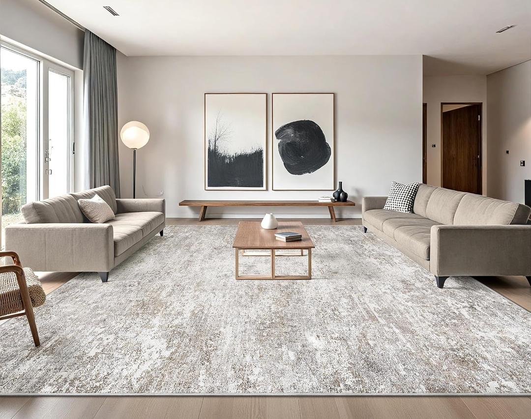 Art&Tuft Washable Rugs 8x10 - Stain Resistant 8x10 Rugs for Living Room, Non Slip Backing Abstract Printed Area Rugs for Bedroom, Folable Machine Washable Area Rug (8'x10', Brown/Grey)
