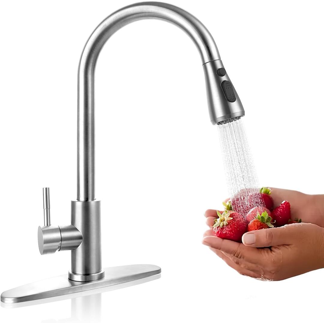 Kitchen Faucet with Pull Down Sprayer High Arc Single Handle Stainless Steel Suitable for 1 or 3 Hole Kitchen Sink Faucet with Long 20.5 inches Retractable Hose for Laundry Rv Bar Outdoor (Satin Nickel)