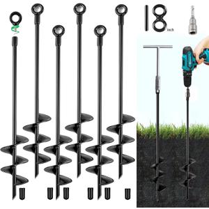 Ground Anchors Screw in, 18 Inch Heavy Duty Swing Set Ground Anchor Kit 6 Pack, Spiral Earth Trampoline Stakes High Wind Metal Auger Stakes for Dog Sheds Tent Carports Camping (Black)