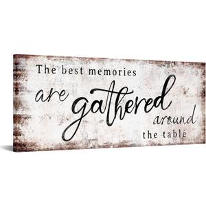 KREATIVE ARTS Gathered Around Table Quote Canvas Print 20x48 Inch Rustic Farmhouse Dining Room Wall Art Horizontal Kitchen Sign Family Food Blessing Decor Stretched Ready to Hang
