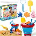 Beach Sand Toys Set for Toddlers, Portable Travel Beach Toys with Collapsible Bucket, Shovel, Rake, 3 Molds & Mesh Storage Bag for Kids, Summer Gift