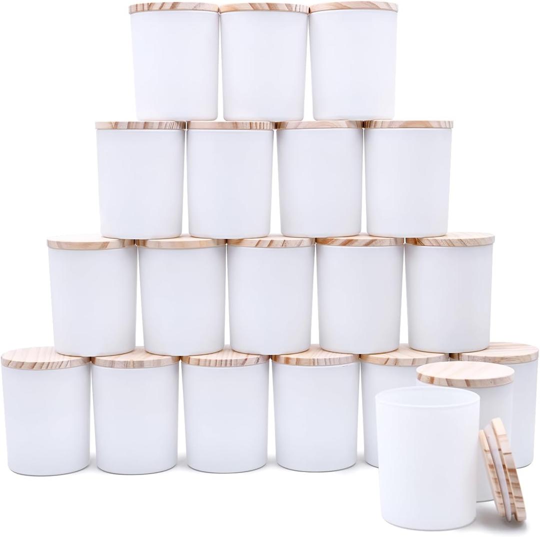 SHOWIN Thick Candle Jars for Making Candles 20 Pcs, 7 OZ Empty Jars with Wood Lids for Candle Making, Sample Container, Matte White