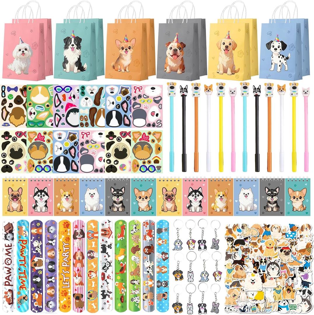 122 Pcs Dog Party Favors, Dog Themed Birthday Party Decorations, Cute Dog Goodie Bags Stuffers Make Your Own Stickers Keychain Wristbands Mini Notebooks for Kids Adopt a Puppy Party Favor