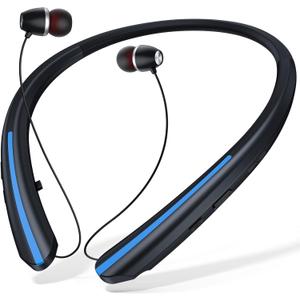 Retractable Neckband Bluetooth Headphones, 20H Playtime Comfort-Fit Wireless Earbuds with Auto-Reel, CVC 8.0 Noise Cancellation for Hands-Free Calls, Blue & Black