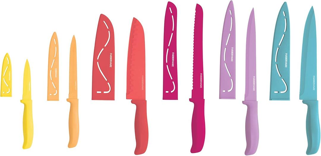 Farberware Resin Cutlery Set, 12 Piece, Pastel, Stick Resistant Blades, Ergonomic Grip ANDBalance, Blade Covers Included, Perfect for Back to College and First Kitchens (8")