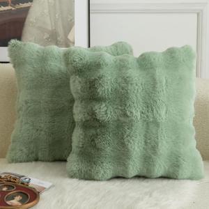 MANDIOO Pack of 2 Thick Plush Wool Decorative Throw Pillow Covers Super Soft Wave Bubble Fur Velvet Cushion Covers Pillow Shams for Couch Bed Living Room 20x20 Inch Sage Green