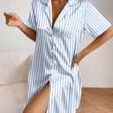Ekouaer Women's Satin Nightshirt Button Down Sleepshirt Silk Short Sleeve Nightgown Boyfriend Notch Collar Sleepwear (Blue, L)