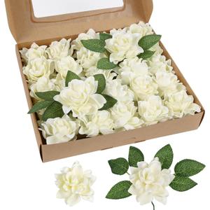 IPOPU Artificial Gardenia Flowers 25PCS 3.15 Ivory Artificial Foam Roses Bulk Fake Flower Heads With Stems For DIY Wedding Bouquets Party Home Centerpieces Decor(Ivory)