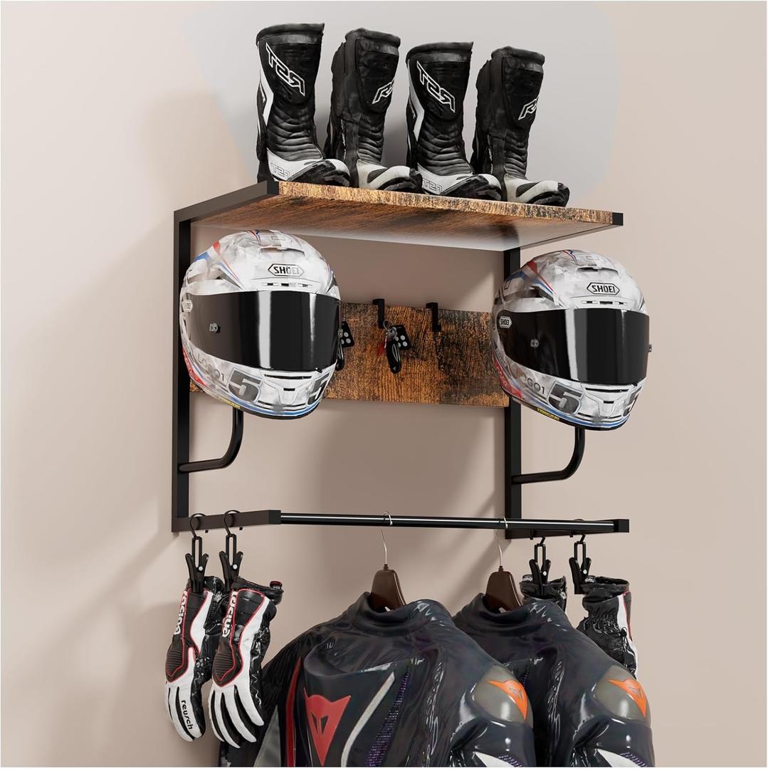 Motorcycle Helmet Holder Wall Mounted, Helmet Rack Wall Mount with Helmet Rack, 4 Glove Chips and 4 hooks, Rustic Helmets Holder and Motorcycle Helmets Racks for Most of Helmet and Clothes (Retro)