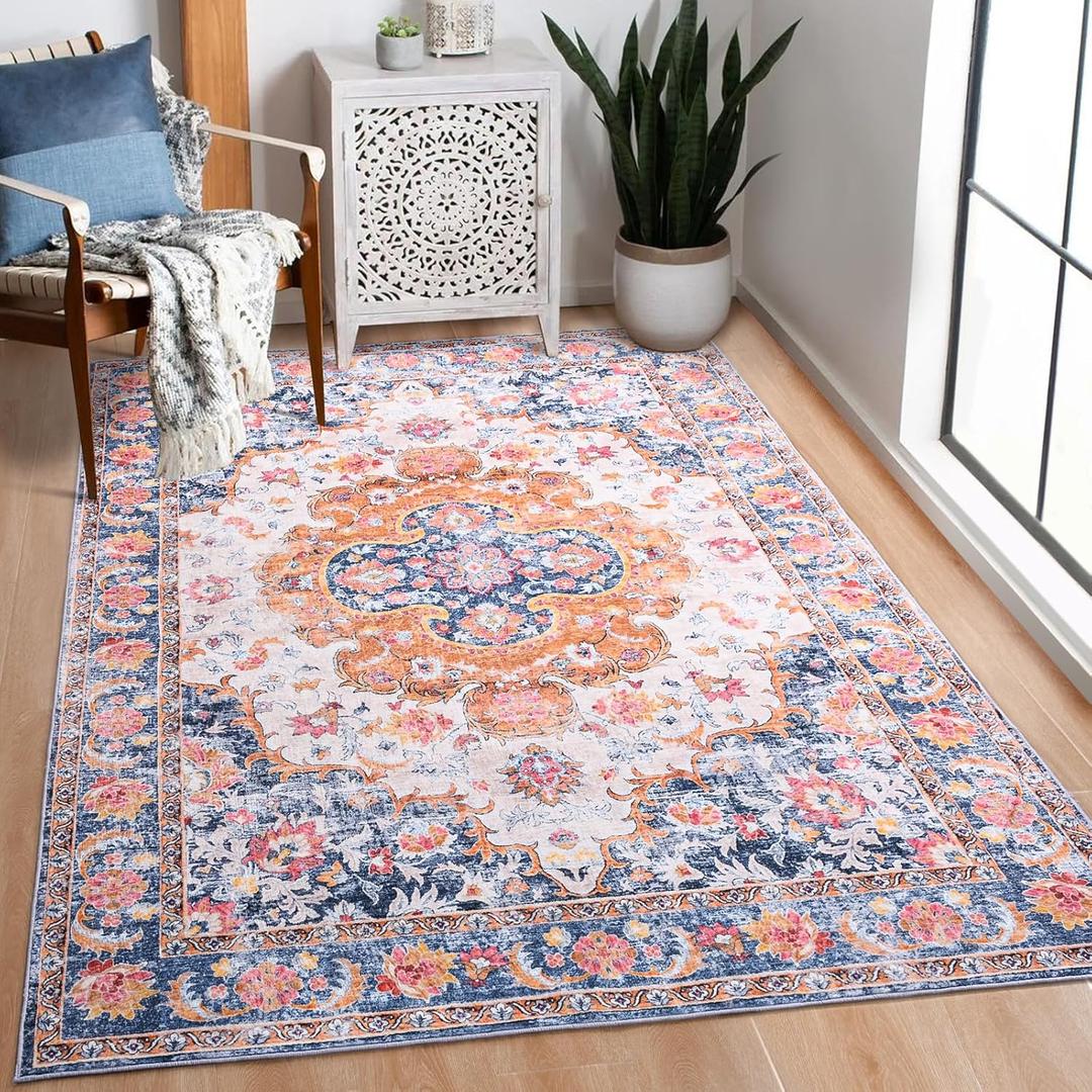 Area Rugs 5x7 Machine Washable Non-Slip, Vintage Distressed Floral Print Rug for Living Room, Ultra Soft Low Pile Carpet for Bedroom, Dining Room, Kitchen, Blue