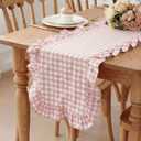 HunnmingRe 1 Pcs Light Pink Plaid Gingham Ruffle Table Runner 72 x 13.8'' Farmhouse Table Runner 100% Cotton Scalloped Long Dresser Scarves for Mothers Day, Dining Room, Wedding, Rustic Home Decor