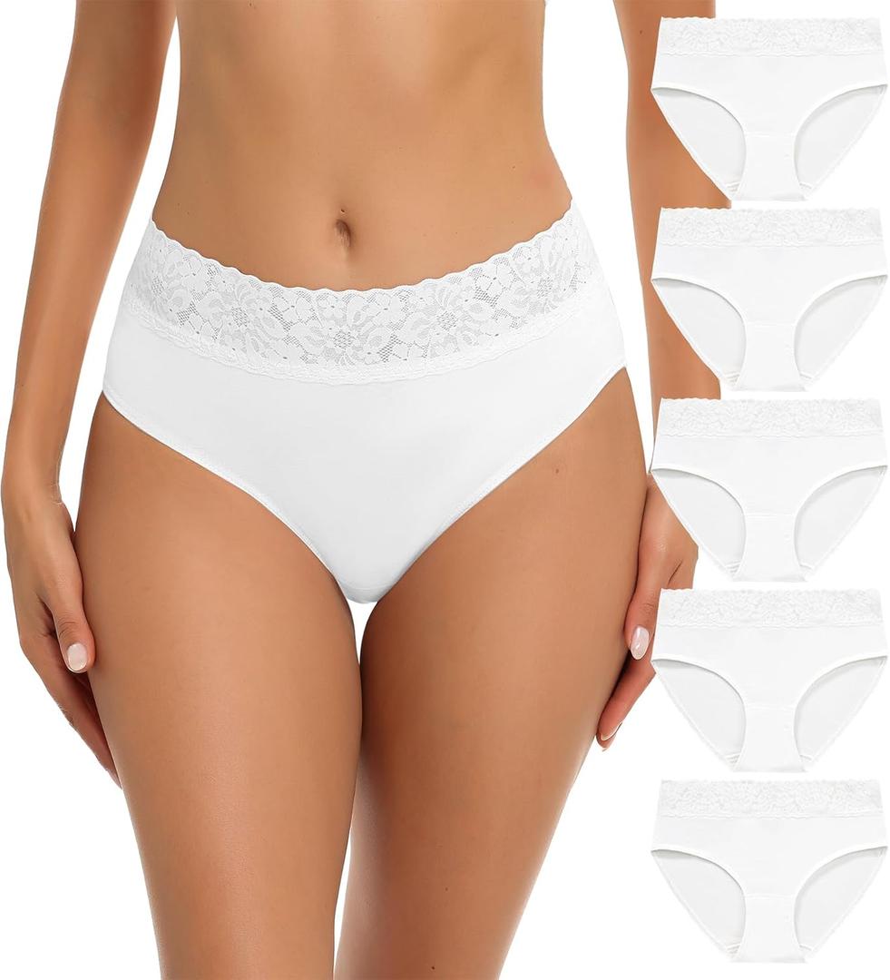 RHYFF Womens Underwear Cotton Bikini Panties Lace Soft Hipster Panty Ladies Stretch Full Briefs 5 Pack (White, XL)