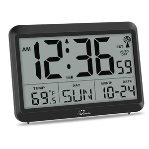 WallarGe Atomic Digital Wall Clock Battery Operated, Self-Setting, Large Display with Temperature, Date, Day of The Week, Silent Wall Mount Digital Clock, 4 Time Zones, DST