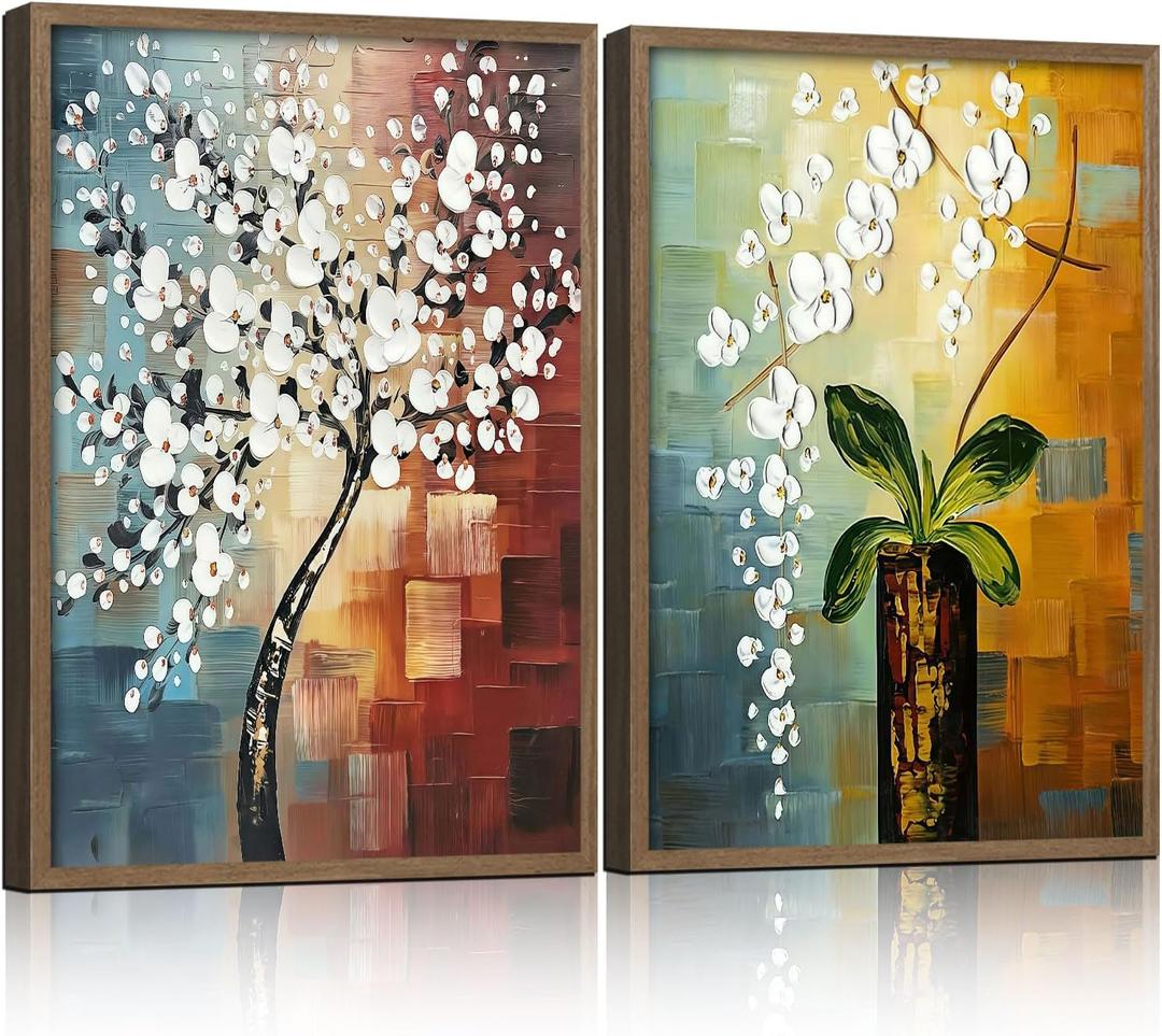2 Piece Framed Canvas Art Prints Morning Glory Modern Abstract White Flowers Oil Painting Style Wall Floral Gallery Poster for Living Room Bedroom Office Decor Ready to Hang 24 x 16 Inch