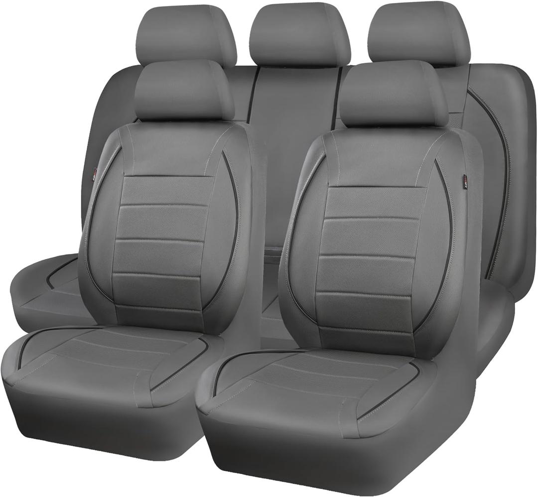 CAR PASS®Universal FIT Piping Leather Car Seat Cover, for suvs, Van, Trucks, Airbag Compatible, Inside Zipper Design and Reserved Opening Holes(Full Set, Grey)