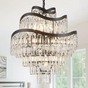 7-Tier 12 Lights Black Crystal Chandelier 20" Modern K9 Crystal Pendant Chandelier Light Fixture Luxury for Living Room Dining Room Bedroom Kitchen Foyer Entryway, E12