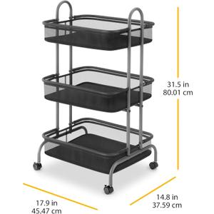 Whitmor Storage Cart Metal 3 Tier Rolling Cart with Wheels, Utility Cart for Bathroom, Bedroom, Bitchen, Laundry Room, Black