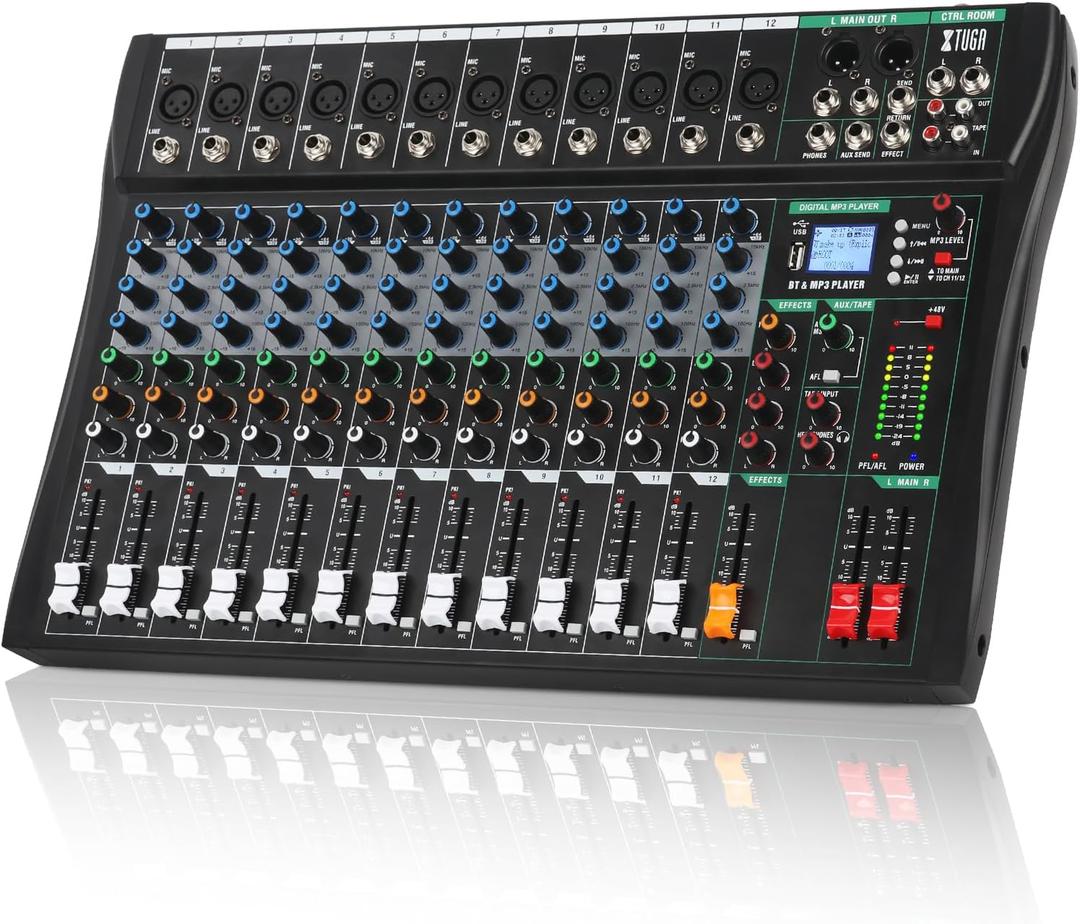 XTUGA 12 Channel Audio Mixer, Professional Sound Board Mixer, DJ Mixing Console System Audio Interface,48V Phantom Digital Effect for PC Podcast Studio Karaoke Streaming Live Recording(CT120)