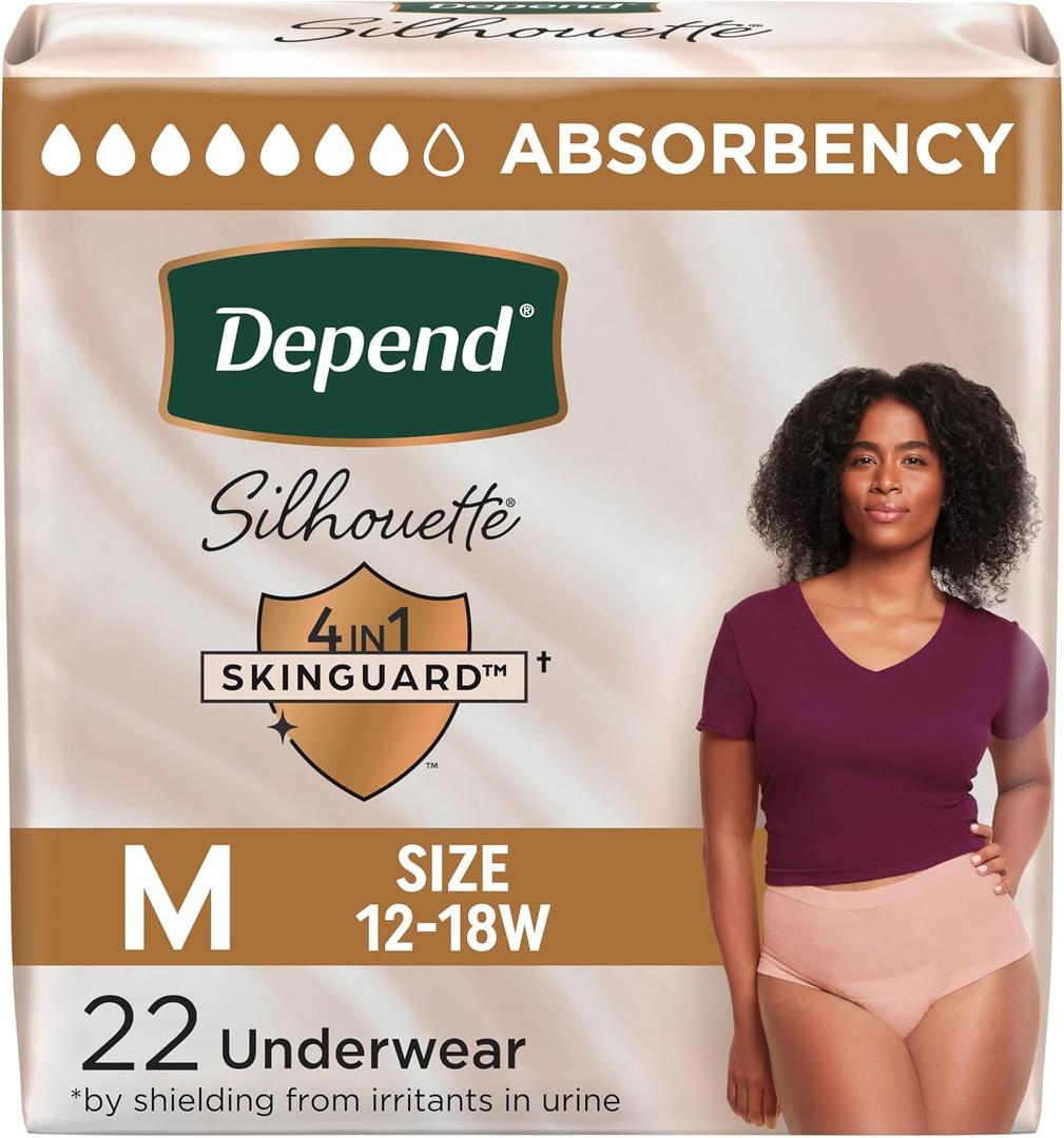 Depend Silhouette Adult Diapers, Incontinence & Postpartum Bladder Leak Underwear for Women, Maximum Absorbency, Medium, Pink, 22 Count, Packaging May Vary