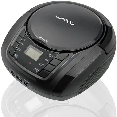 LONPOO Portable Boombox - CD Player, Bluetooth, USB, MP3, AUX, FM Radio, Portable, Built-in Stereo Speakers, Carrying Handle, LCD Display, Black