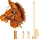 Stick Hobby Horse Riding Toy, Plush Stick Horse for Toddlers Ages 3+, Horses Ride on Toy Fun Pretend Play with Wooden Wheels and Real Pony Clip-Clop Sounds 39 Inches-Light Brown