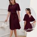 Bbonlinedress Women Midi Vintage Cocktail Party Tea Dress Short Sleeve Formal Wedding Guest Church Modest Dress (Medium, Burgundy)