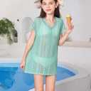 Milumia Girl's Crochet Coverup Cut Out V Neck Short Sleeve Sheer Swimsuit Cover Ups Green 7 Years