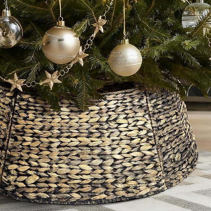 5-Piece Rattan Christmas Tree Collar - 24" Rustic Farmhouse Tree Skirt- Xmas Tree Base Cover for Christmas Decoration- Woven Holiday Tree Ring Accessory for Home, Living Room (Black Wash, 24 in)