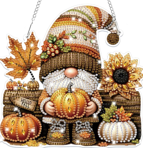 Halloween Diamond Art Hanging Kits for Adults, Gnome Pumpkins Special Shaped Diamond Painting Kit, Acrylic 5D Crystal Diamonds Gem Art Painting Hanging Ornament for Home Wall Decor
