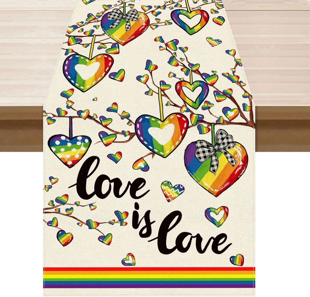 2 x XCHI Rainbow Love Heart Love is Love LGBTQ Table Runner Pride Day Inclusion Lesbian Gay Bisexual Transgender Queer Homosexual Equality Decorations for Home Kitchen Party 13x72 Inch
