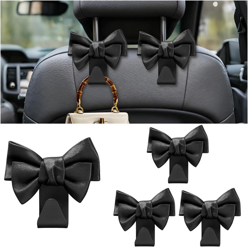 Car Seat Headrest Hooks, 4PCS Cute Bow Vehicle Seat Back Hanger Storage Hook, Automotive Interior Headrest Organizer for Handbag Purse Coat, Universal for SUV Sedan Truck (Black)