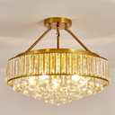 YYJLX 6-Light Modern Large Crystal Chandelier Gold Metal E26 Semi Flush Mount Round Ceiling Light Fixture Ceiling Lamp Farmhouse for Dining Room Living Room Laundry Room Foyer Kitchen Bedroom, 19.29 "H 22.05" W